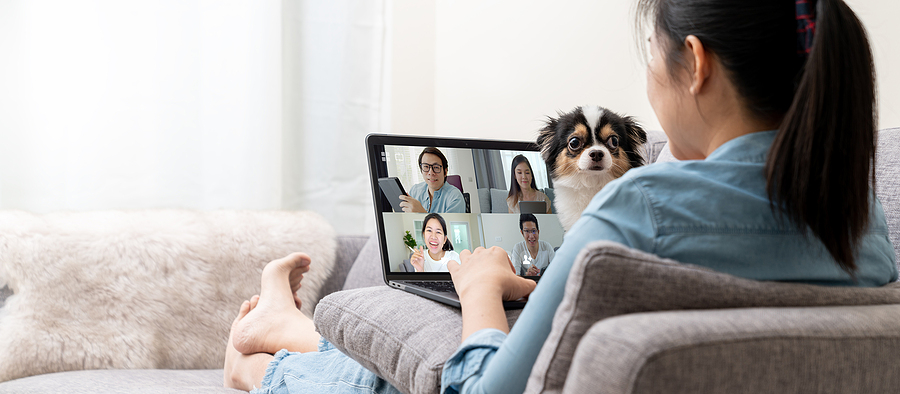 Banner Of Asian Woman On Sofa And Team On Laptop Screen Talking