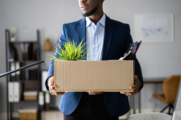 Fired Employee With Box. Unemployed Businessman Moving