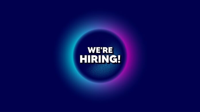 Were Hiring Symbol. Abstract Neon Background With Dotwork Shape.