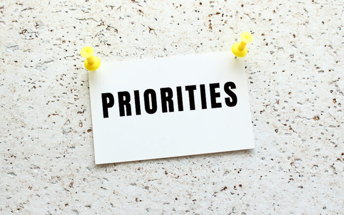 Priorities Is Written On A Card Attached To A White Textured Wal