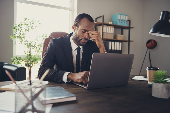 Portrait Frustrated Afro American Collar Guy Sit Desk Work Compu