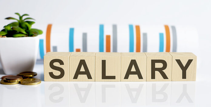 Salary Word Letters On Wooden Blocks With Coins. Business Concep