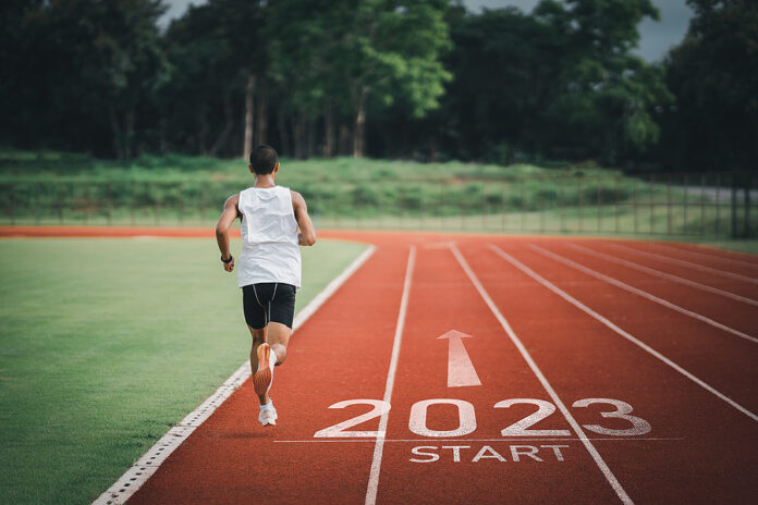 Happy New Year 2023 Sport Man Runner Running Into The New Year 2