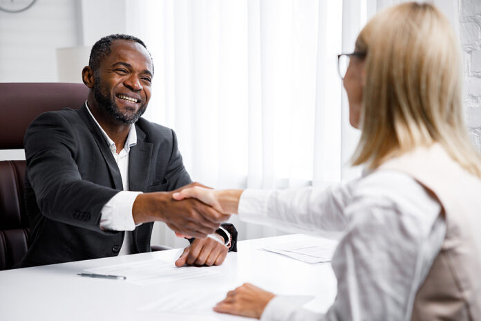 Hiring, Interview. Business African American Middle Aged Boss Ha