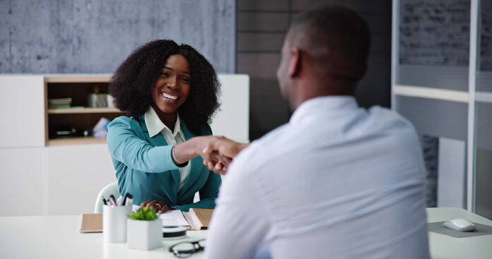 Staffing Interview In Office. Law Recruiter Meeting Handshake