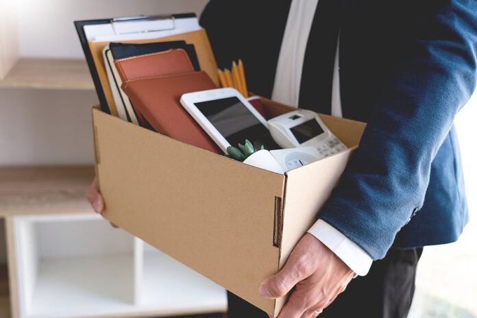Sad Fired Young Employee Businessmen Hold Boxes Including Pot Pl