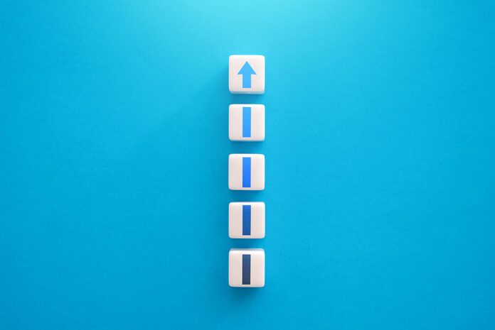 Rise And Growth Process . Blocks With A Growing Arrow. Go Higher