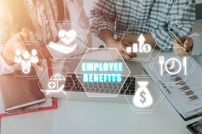 Employee Benefits Career Concept, Business Team Working On Lapto