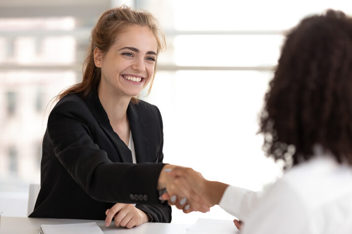 Happy Businesswoman Hr Manager Handshake Hire Candidate Selling