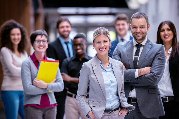young multi ethnic business people group walking standing and to