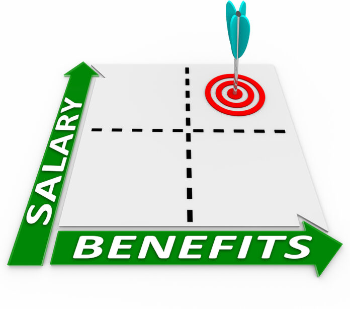 Salary and Benefits words on a matrix or chart measuring higher