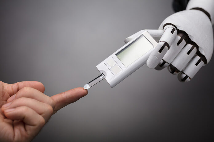 Robot Checking Person's Sugar Level With Glucometer On Grey Background