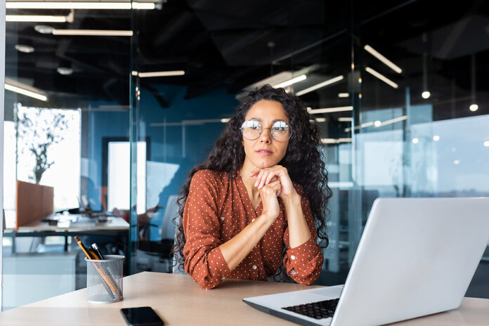 Boring Work, Hispanic Woman Working Inside Office, Business Woma