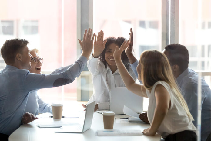 Happy Multicultural Executive Team People Give High Five Celebra