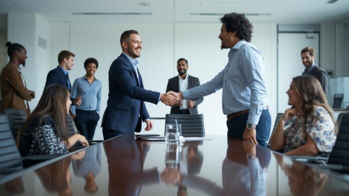 Employees in a meeting room, two are shaking hands and introducing themselves, others talking among themselves