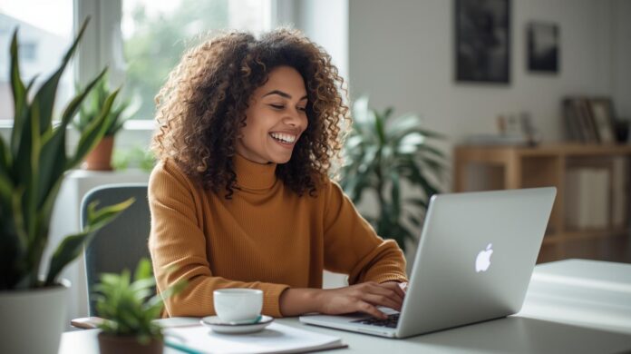 Happy independent worker working remotely
