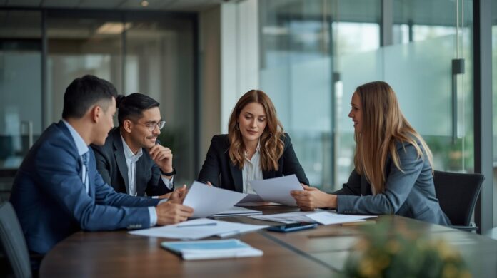 Recruiters at a staffing agency in strategic planning meeting (2)